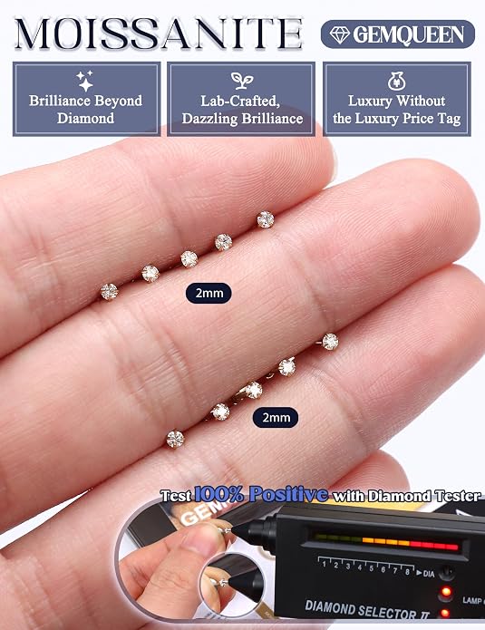 GEMQUEEN 5 Pairs Moissanite Earrings Studs 14K Gold Plated Stainless Steel Flat Back Earring for Women Men - Hypoallergenic Set Cartilage Helix Piercing Jewelry Brilliant Round Cut D Color VVS1 2mm