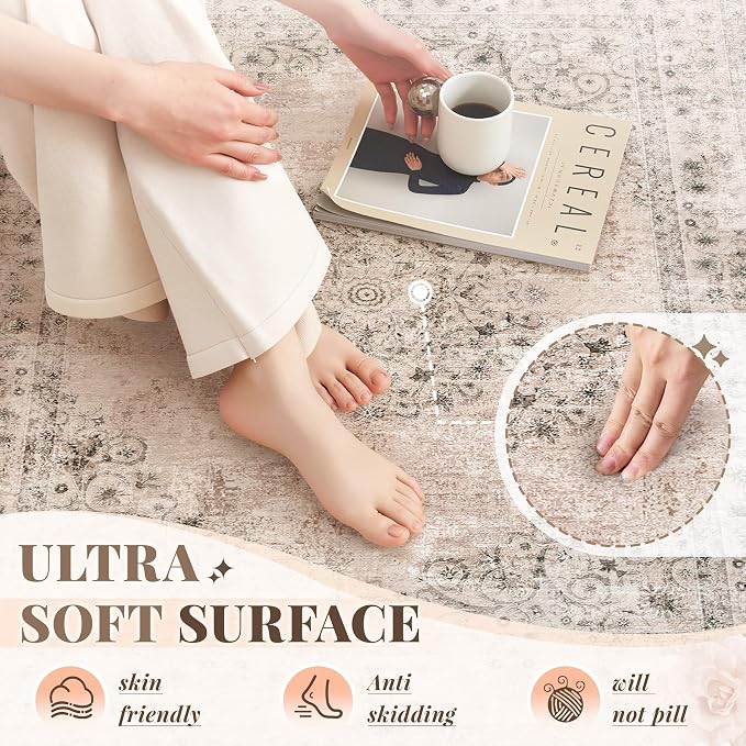 Area Rug 4x6 Vintage Rug: Washable Indoor Medallion Rugs Low Pile Distressed Floor Carpet Retro Accent Rug for Living Room Bedroom Kitchen Dining Table Home Office(Distressed Brown, 4'x6')