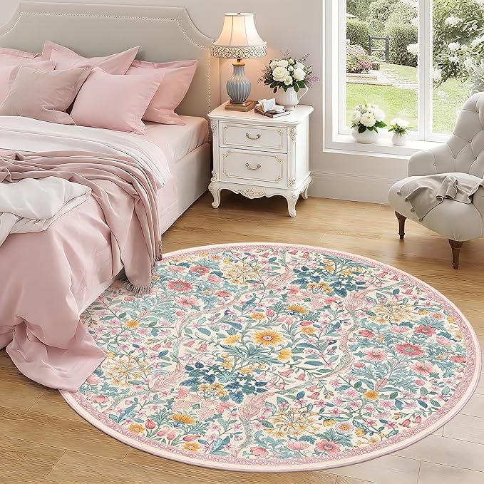 Round Rug 6ft Light Pink Washable Floral Circle Rug,Vintage Boho Botanical Round Area Rugs, Non-Slip Soft Low-Pile Circular Carpet for Girls Bedroom,Kids Room,College Dorm,Home Decor