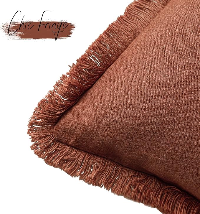 Foindtower Set of 2 Decorative Linen Fringe Throw Pillow Covers Farmhouse Cushion Cover with Tassels Soft Accent Pillowcase for Couch Chair Sofa Bed Living Room Home Decor,16×16 Inch,Fall Rust Orange