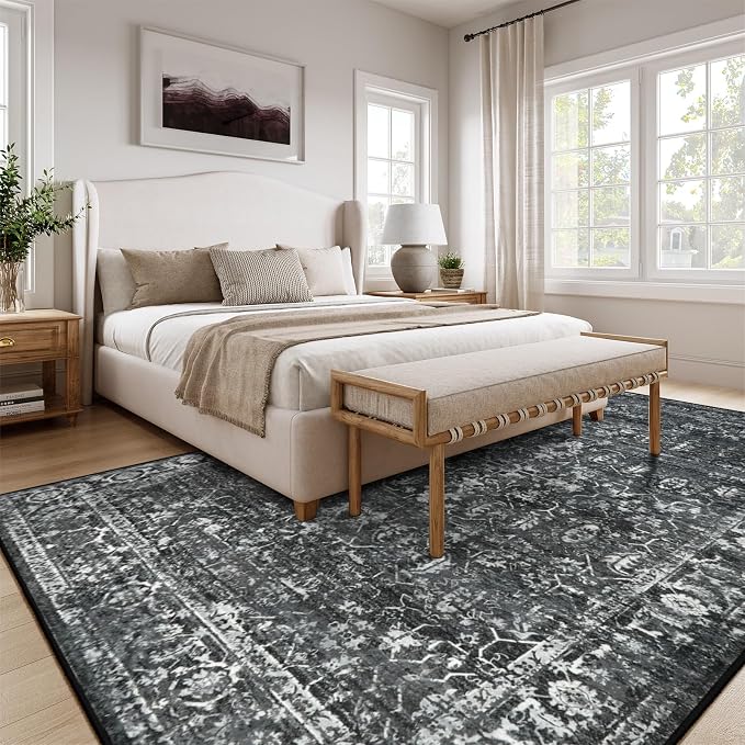 Lahome Margot 8x10 Area Rugs for Living Room Washable Rugs 8x10 Black Large Rug Indoor Carpet, Vintage Distressed Rug Soft Non Slip Area Rug for Bedroom Dining Room Home Office(8 x 10, Black/Grey)