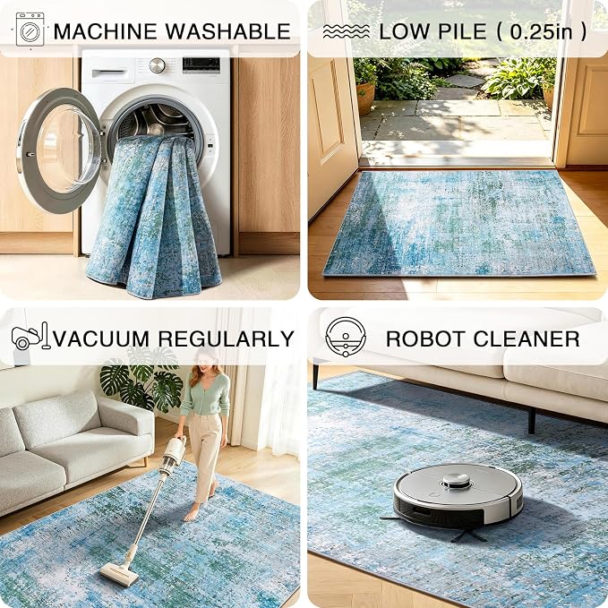 8x10 Area Rugs Living Room Rug Abstract Washable Rug Non-Slip Soft Low Pile Indoor Floor Stain Resistant Thin Carpet for Bedroom Dining Room Home Office Farmhouse Nursery - Dusty Blue & Cream 8' x 10'