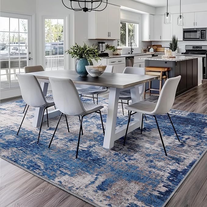 RELEANY Washable Area Rugs Square 7ft Non-Slip Modern Abstract Soft for Living Room Entryway Bedroom Kitchen, Print Pattern, Blue Grey Navy Gray