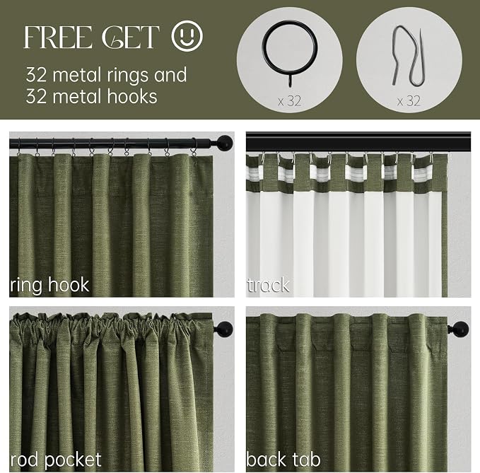 Topfinel 94 Inches Long Flax Custom Blackout Linen Curtains, Viral Pinch Pleated Noise Cancelling Curtains with Pin Hooks for Traverse, Olive Green Burlap Viral Drapes 2 Panels for Living Room