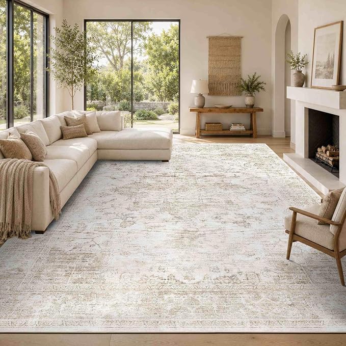 Rugxara 9x12 Extra Large Washable Area Rug, Soft Neutral Vintage Boho Rug for Living Room, Bedroom, Office, Farmhouse, Low Pile Imitation Wool Non Slip Carpet Ideal for High-Traffic Areas, Beige
