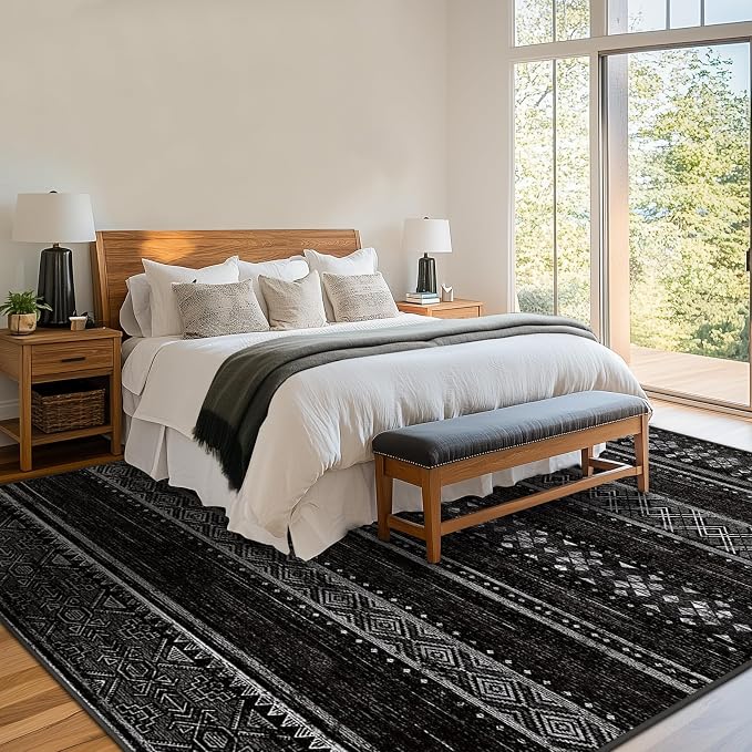 BESTSWEETIE 8x10 Area Rugs for Living Room Washable Moroccan Farmhouse Neutral Geometric Low Pile Non-Slip Soft Print Pattern Rug for Bedroom Kitchen Dining Room Entryway Black/White
