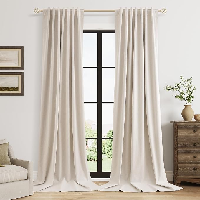 Guken Extra Long 100% Blackout Linen Curtains for Bedroom 120 inches Long, Thermal Insulated Room Darkening Black Out Drapes for Living Room, Back Tab Rod Pocket 2 Panels Set,Cream Beige,52x120