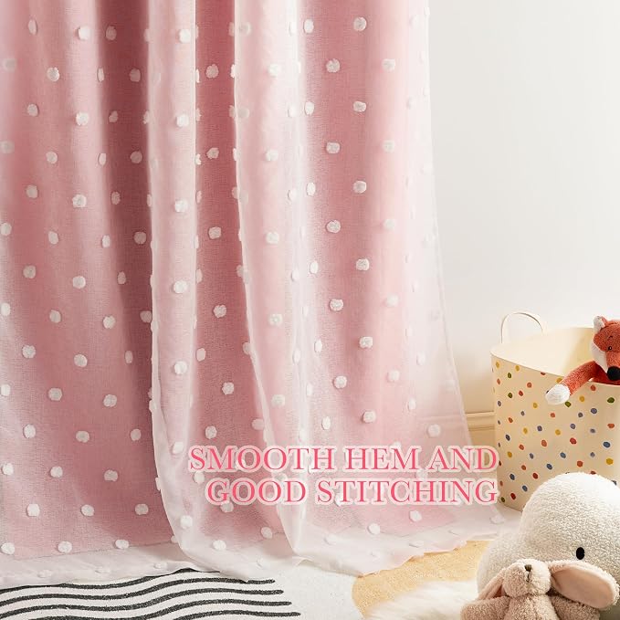 PONY DANCE Pink Curtains for Living Room 96 Inches Long, Thermal Insulated Room Darkening Curtains with Pom Pom Sheer, Double Layer Curtain for Girls' Bedroom, 52W x 96L, Blush Pink, 2 Panels