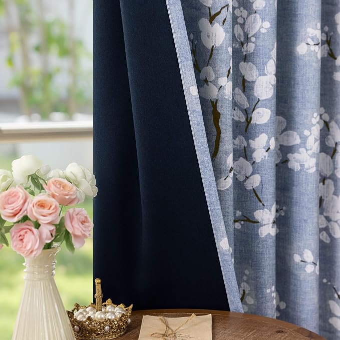 FMFUNCTEX 100% Blackout Blue Floral Curtains 84 Inch Long Grommet 2 Panels | Black Out Drapes, Thermal Insulated Cottage Farmhouse, Blossom Flower Patterned Curtain for Bedroom, Living Room Darkening