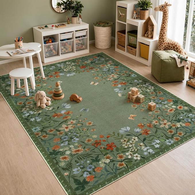 Wonnitar 5x7 Washable Area Rug, Green Floral Rug for Living Room, Boho Rug for Bedroom, Non Slip Flower Nursery Carpet, Low Pile Cottagecore Dining Room Decor (5x7 Green)