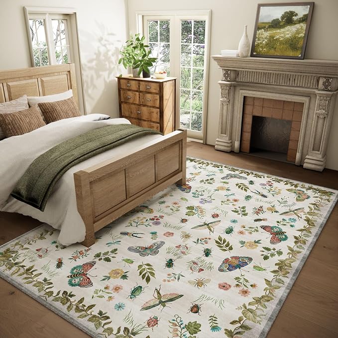 Washable Area Rugs for Living Room: 5x7 Bedroom Rug Vintage Rugs Stain Resistant Non Slip Low Pile Soft Lightweight Carpet for Kitchen Dining Room Farmhouse Nursery Kids Room Indoor