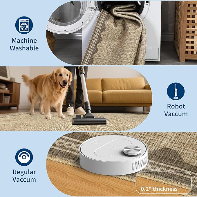 GarveeHome Scalloped 2x10 Runner Rug for Hallway Washable Kitchen Rugs Non Slip Solid Tan Jute Digital Printing Modern Soft Low-Pile Rugs for Entryway Laundry Room Floor Mats