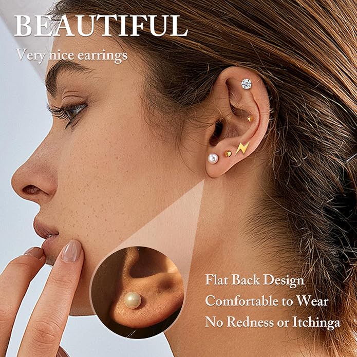 Stud Earrings Set for Women, 14K Gold Plated Hypoallergenic Heart Pearl Ball Studs Pack 316L Stainless Steel CZ Earrings Multi-Style & Size 3-8mm