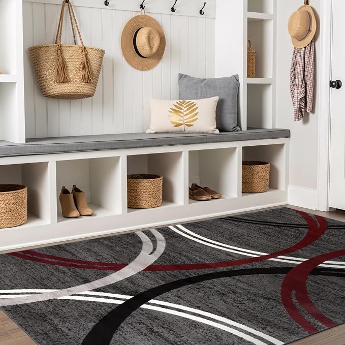 Rugshop Wavy Circles Modern Non-Shedding Area Rug Red 5'3" x 7'3"