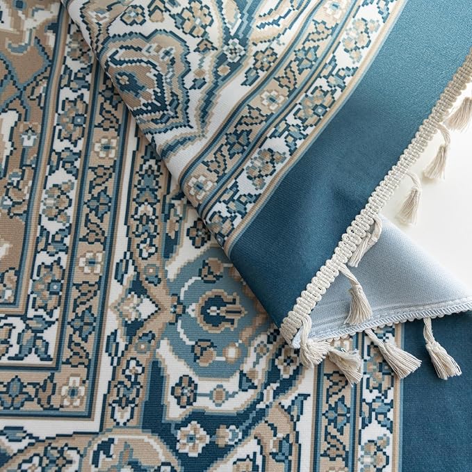 Blue Medallion Curtains 63 Inches Long, Boho Farmhouse Light Filtering Rod Pocket Drapes with Tassel Trim for Bedroom Living Room, 2 Panels
