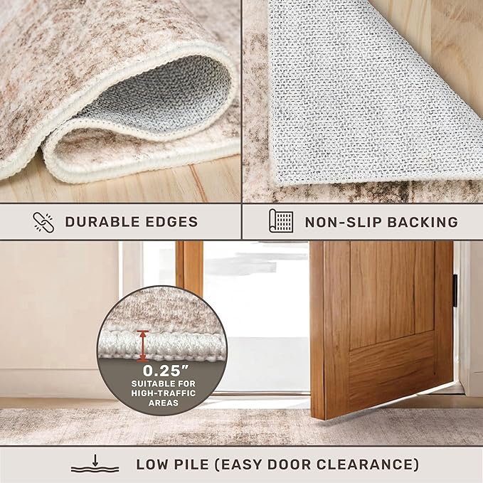 Hazo Haus Washable 5x7 Area Rugs for Living Room, Neutral Beige & Peach Farmhouse Rug for Dining Room & Bedroom, Ultra Soft Low-Pile Non-Slip Stain Resistant