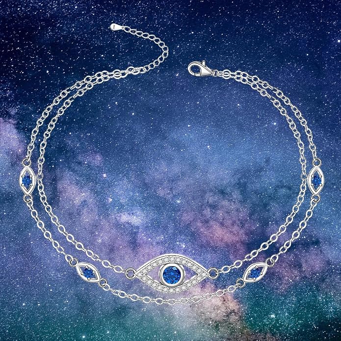Evil Eye Anklet Sterling Silver Infinity Lotus Flower Evil Eye Anklets for Women Ankle Bracelets Turkish Blue Eyes Protection Chain Jewelry