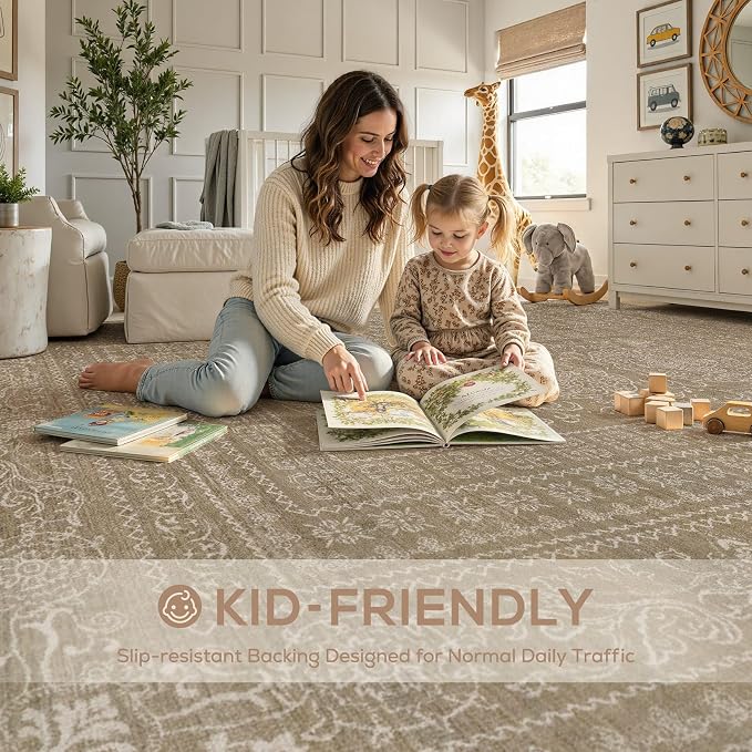 Nakagishi 6x8 Area Rugs Living Room: Washable Large Vintage Rug Neutral Non-Slip Soft Stain Resistant Indoor Carpet for Bedroom Nursery Dining Room Office Playroom - Dark Brown