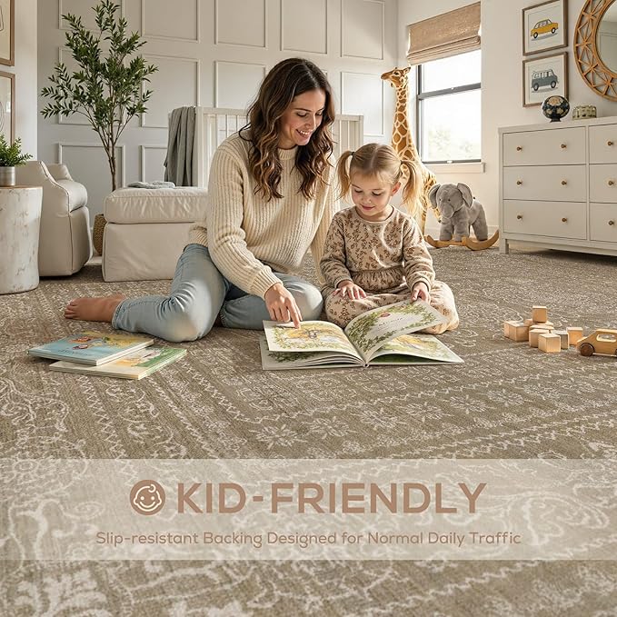 Nakagishi 5x7 Area Rugs Living Room: Washable Large Vintage Rug Neutral Non-Slip Soft Stain Resistant Indoor Carpet for Bedroom Nursery Dining Room Office Playroom - Dark Brown
