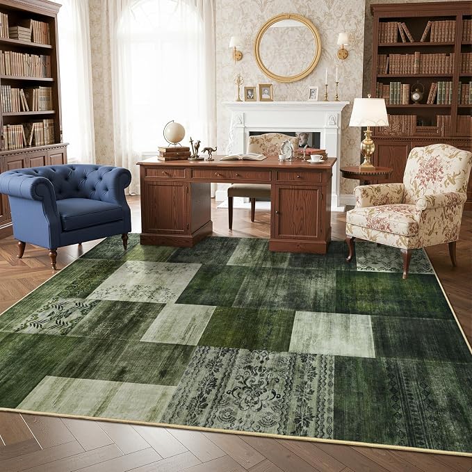 DweIke Washable Area Rugs 6x9 for Living Room, Large Modern Geometric Green Soft Patchwork Carpet, Non-Slip Stain Resistant Throw Rug for Bedroom Dining Room Office Home Decor
