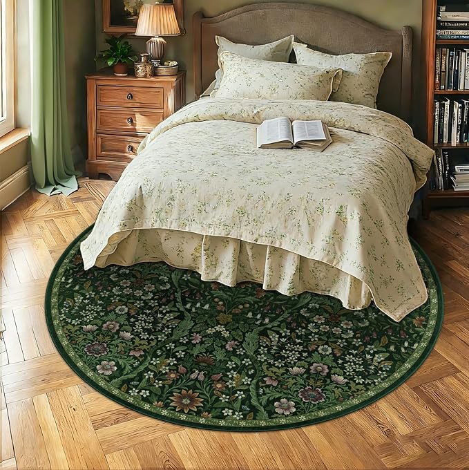 Round Rug 7ft Dark Green Washable Floral Circle Rug,Vintage Boho Botanical Round Area Rugs, Non-Slip Soft Low-Pile Circular Carpet for Bedroom,Kids Room,College Dorm,Home Decor