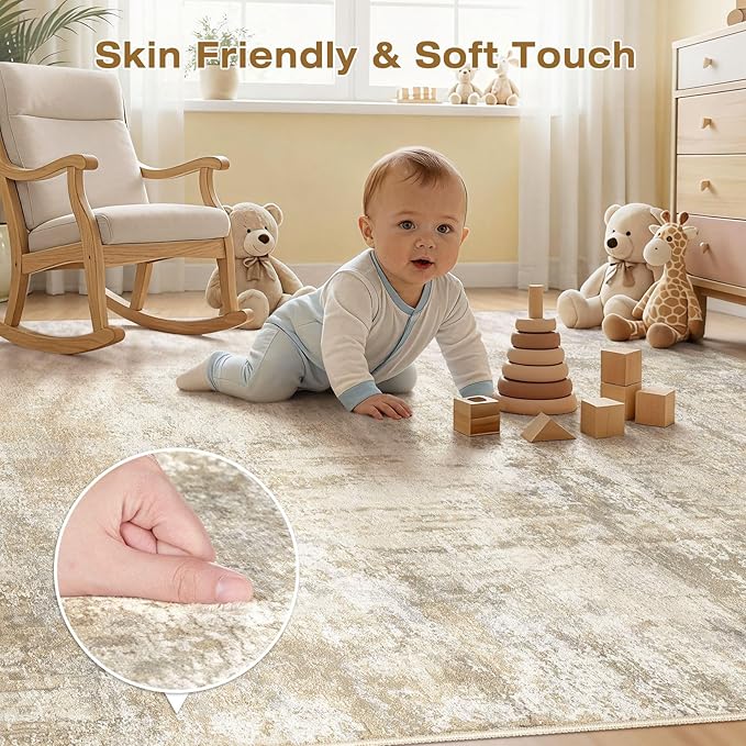 cotiled 5x8 Area Rug Abstract Soft Non Slip Washable Rugs for Living Room | Stain Resistant, Robot Vacuum & Pet Friendly, Low-pile, For Living Room, Bedroom, Dining Table, Nursery Beige