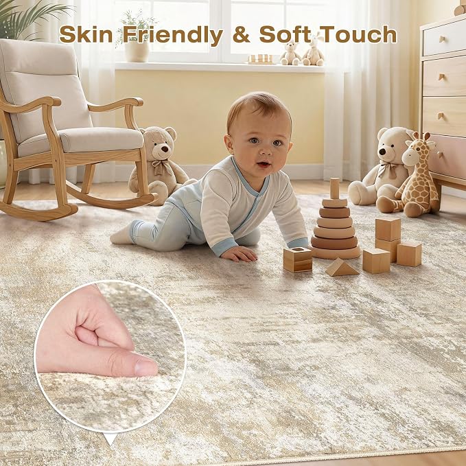 cotiled 7x9 Area Rug Abstract Soft Non Slip Washable Rugs for Living Room | Stain Resistant, Robot Vacuum & Pet Friendly, Low-pile, For Living Room, Bedroom, Dining Table, Nursery Beige
