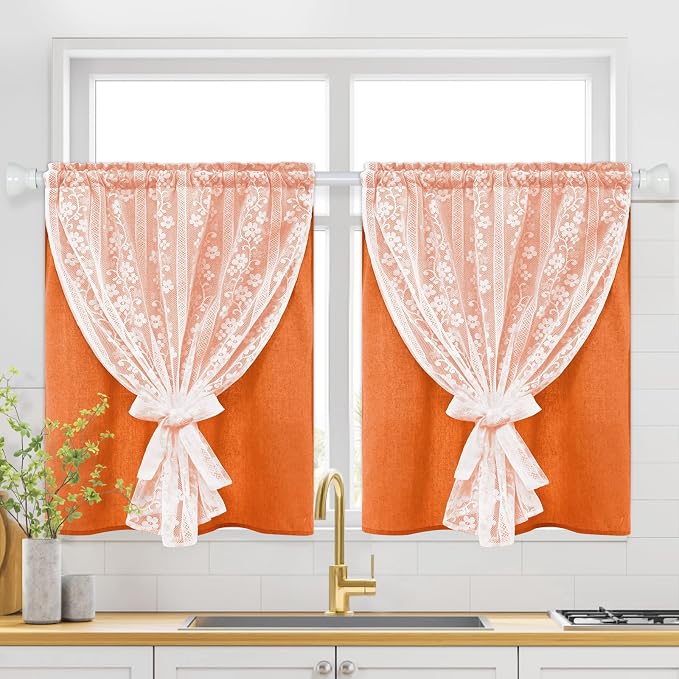 ASPMIZ Linen Kitchen Curtains Double Layers Window Curtain with Linen Lace, Farmhouse Cafe Curtain 36 Inch Length Rod Pocket, Light Filtering Bathroom Tier Curtains with 2 Tiebacks, Orange