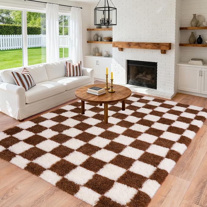Pionblank Fluffy Area Rug for Bedroom 5x7, Modern Indoor Shag Carpet, Soft Plush Non Slip Checkered Rugs for Living Room Kids Room Home Decor, Brown and Cream White