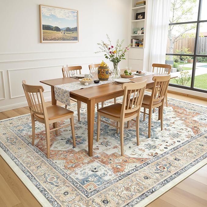 9x12 Rug for Living Room - Large Vintage Farmhouse Eclectic Medallion Carpet, Washable Low Pile Non-Slip Area Rug for Dining Under Table, Bedroom Under Bed,Office, Neutra Beige and Orange