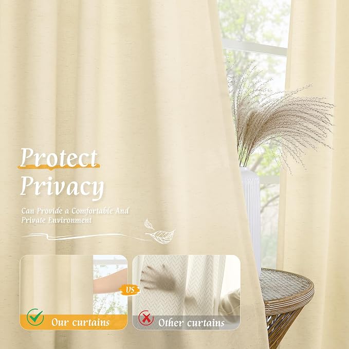 LAMIT Beige Linen Curtains for Windows 2 Panels Set, 48 Inch Linen Textured Light Filtering Bedroom Drapes Rod Pocket Boho Window Treatment Panels for Farmhouse/RV Camper/Loft, 42 x 48 Inch