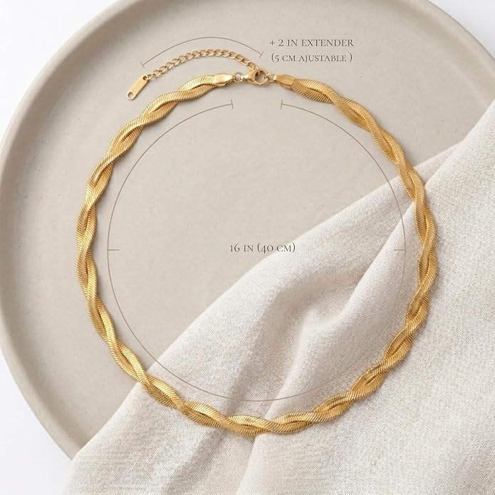 Twisted Gold Herringbone Necklace for Women – Waterproof 18K Gold Plated Stainless Steel, Minimalist Adjustable Chain