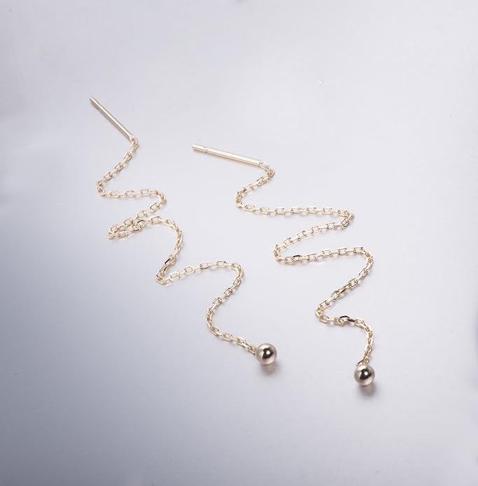 S.Leaf Threader Earrings for Women 925 Sterling Silver Gold Plated Hypoallergenic Backless Ardant Chain Duster Tassel Drop Double Piercing Pull Through Earrings for Women Trendy