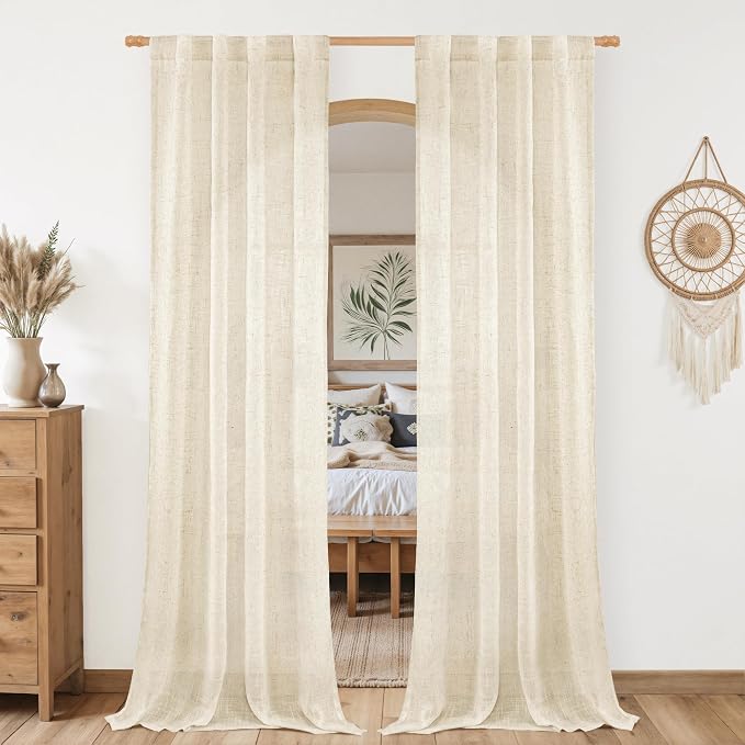 LAMIT Beige Linen Curtains for Living Room 80 inch Length, Light Filtering Semi Sheer Panels Back Tab and Rod Pocket Neutral Panels for Bedroom, 2 Panels, 34 x 80 Inch