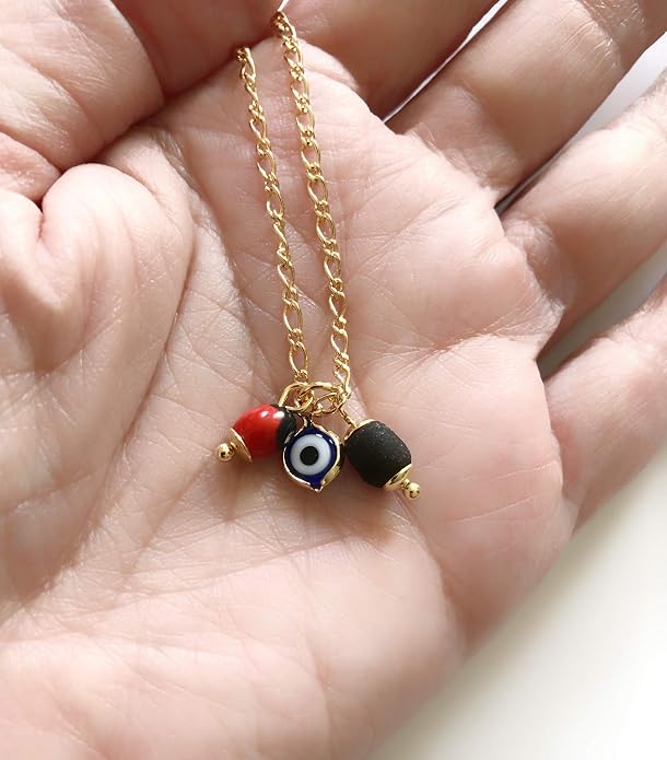 SIFRIMANIA Anklets for Women 18K Gold Plated Figaro Chain Jet Stone and Evil Eye Charm