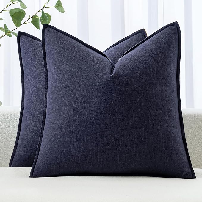 MIULEE Decorative Linen Euro Sham Pillow Covers 22x22 Inch Navy | Boho Farmhouse Neutral Couch Throw Pillows for Bed, Pack of 2 Accent Coastal Modern Pillowcases, Sofa Livingroom Home Decor