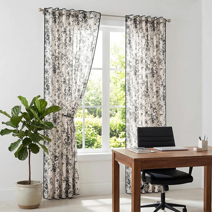 jinchan Floral Linen Curtains with Black Trim 84 Inch Back Tab 2 Panels | Light filtering drapes, semi sheer, french country, farmhouse, vintage, living room, bedroom, rod pocket, window treatment
