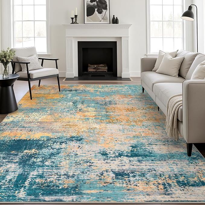 10x12 Area Rug Living Room Rug: Washable Modern Abstract Soft Thin Rug Indoor Floor No Slip Carpet for Bedroom Dining Room Farmhouse Nursery Home Office - Rosy Haze