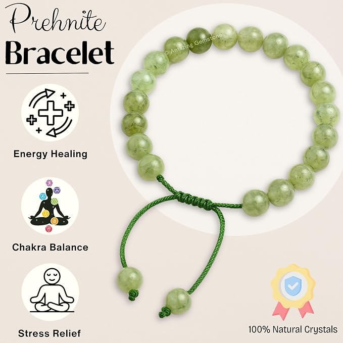 Amazing Gemstone Prehnite Bracelet, Gifts for Men & Women - Protection Healing Crystal Bracelet - 8mm Gemstone Beaded Adjustable Bracelet, Pulseras para Hombres Mujer Stocking Stuffers
