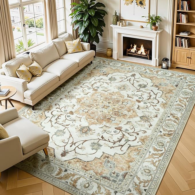 Lessymo Washable Area Rug for Living Room,9x12 Large Rugs with Non-Slip Backing,Soft Boho Carpets for Bedroom Dining Room Nursery Home Office,Light Beige
