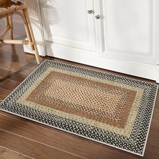 RUGSREAL Entryway Area Rug 2x3 Small Rug Machine Washable Bedroom Area Rug Non Slip Bathroom Mat Stain Resistant Kitchen Mat Farmhouse Carpet Modern Rustic Rug for Living Room Dining Room, Sand/Bronze