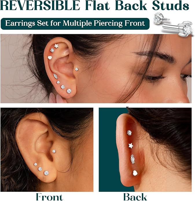 GEMQUEEN Reversible Flat Back Earrings Studs Hypoallergenic - 14K Gold Filled Surgical Steel Earring 18G Cartilage Helix Tragus Conch Piercing Jewelry Extended Internal Thread Earrings for Women Men