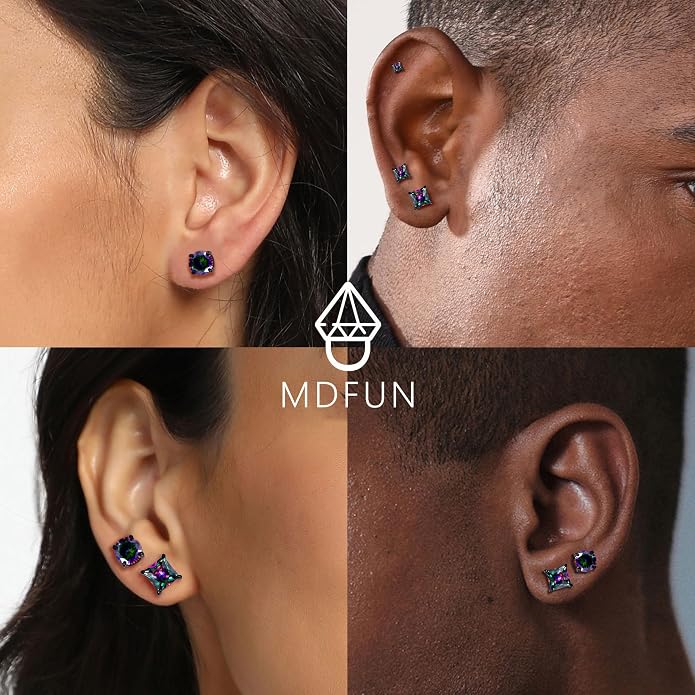 MDFUN 6 Pairs Stud Earrings Set 3mm/5mm/7mm Princess & Round Cubic Zirconia Earrings Hypoallergenic 316L Surgical Stainless Steel CZ Earrings for Women Men