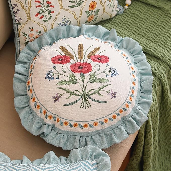 ISAENNE Vintage Linen Throw Pillow Cover,Set of 2,Diameter 16"-Serenity C | Designer Elegant Round Pillow Cover,Concealed Zipper Design,Floral Pattern,Sofa,Bedroom,Living Room,Lounge Chairs
