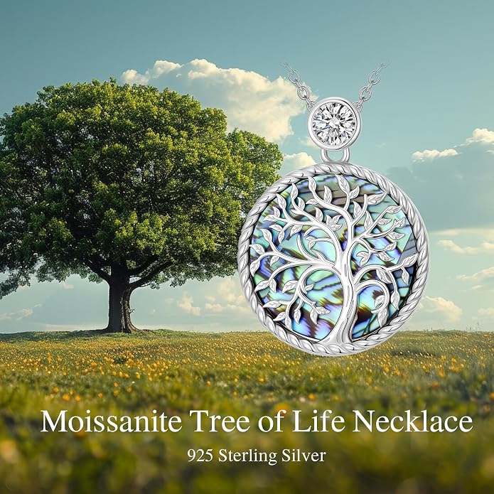 Tree of Life Moissanite Necklace, 925 Sterling Silver 0.5 Carat Moissanite Abalone Shell/Opal/Black Onyx/Turquoise/Malachite/Tiger Eye Stone Tree of Life Pendant Necklaces Jewelry Gift for Women Mom