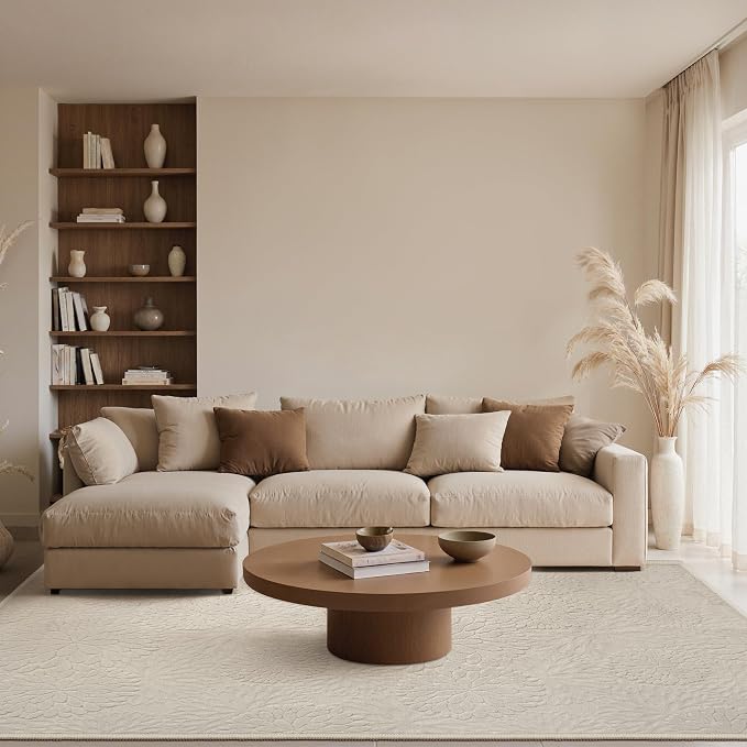 GENIMO Soft Washable Area Rugs 6x9, 3D Modern Floral Rugs for Living Room, High-Low Pile Textured Non Slip Fuzzy Shag Carpet, Non-Shedding Stain Resistant Thin Beige Rugs for Bedroom, Dining Room