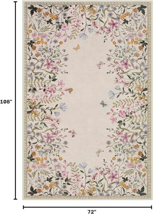 Wonnitar 6x9 Washable Area Rug, Boho Floral Rug for Living Room, Soft Rug for Bedroom, Non Slip Low Pile Nursery Carpet, Beige Farmhouse Dining Room Decor (6x9 Beige)