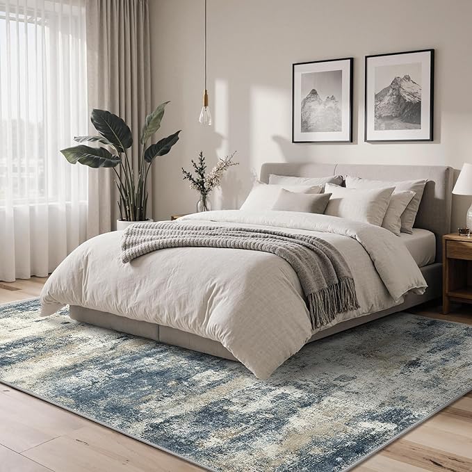 GENIMO Area Rug 5x7 Washable Abstract Modern Rug Non Slip, Low Pile Lightweight Soft Carpet for Living Room, Bedroom, Dining Room, Navy Blue
