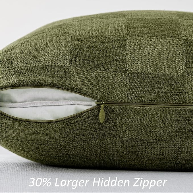 A moment Set of 2 Decorative Linen Throw Pillow Covers,Large Grid Textured Neutral Boho Farmhouse Cushion Covers,Soft Aesthetic Pillowcases for Couch Sofa Living Room Home Decor,22x22 Inch,Olive Green