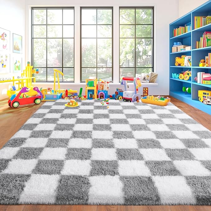 Pionblank Checkered Rug for Living Room, Modern Soft Shag 6x9 Area Rugs, Plush Fuzzy Carpet for Bedroom Girls Boys Room Home Nursery Teens Dorm Decor, Grey and White